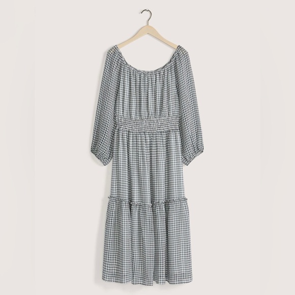 Long Sleeve Off the Shoulder Gingham Midi Dress 2X - Picture 4 of 7
